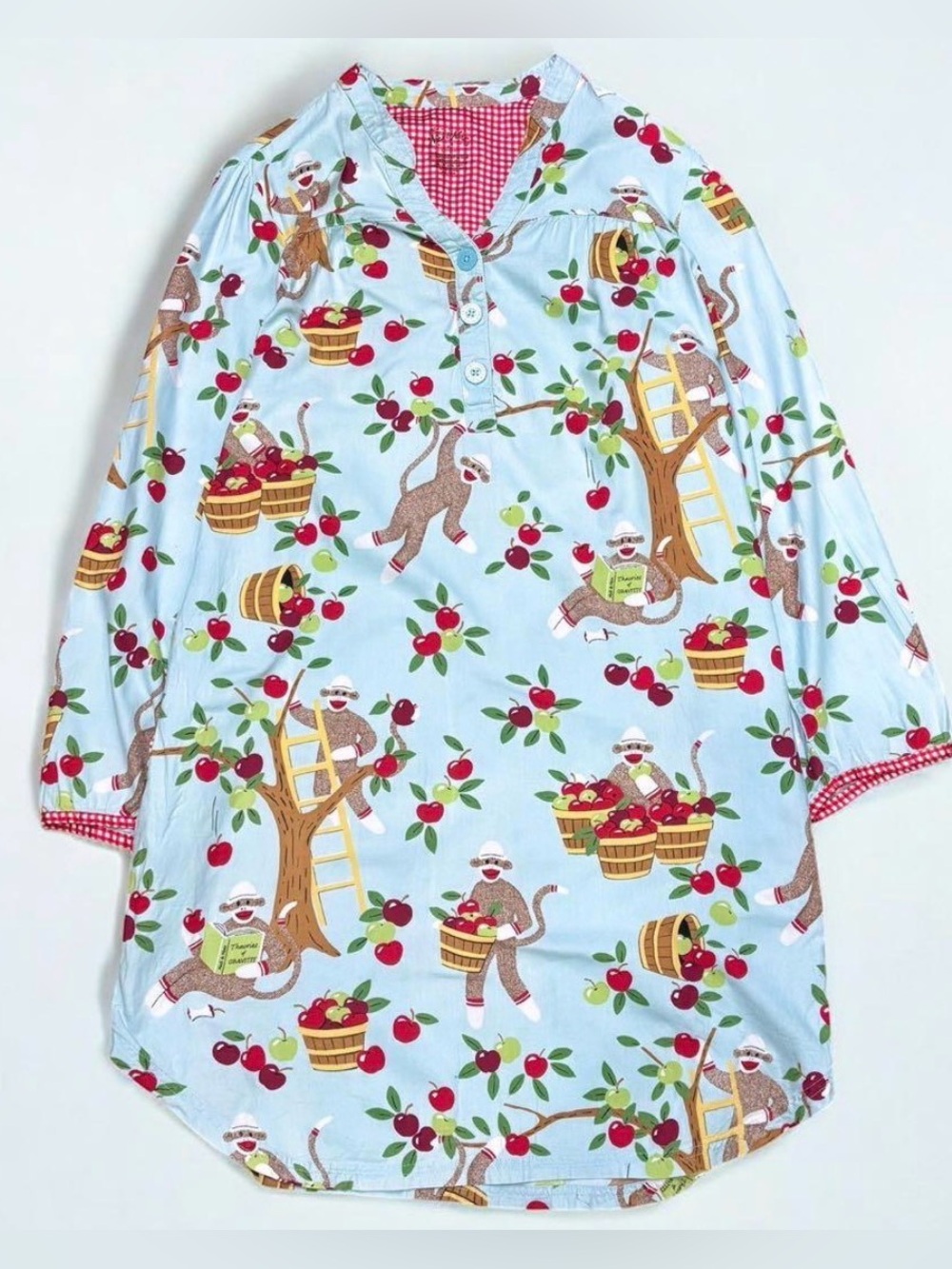 Nick and Nora Apple Picking Sock Monkeys Sleep Shirt Medium